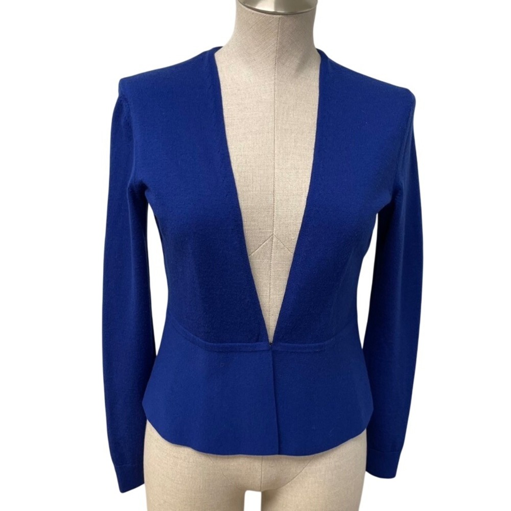 Hugo Boss Cardigan‎ Womens Medium Blue Finesie Virgin Wool Peplum Knit Blazer